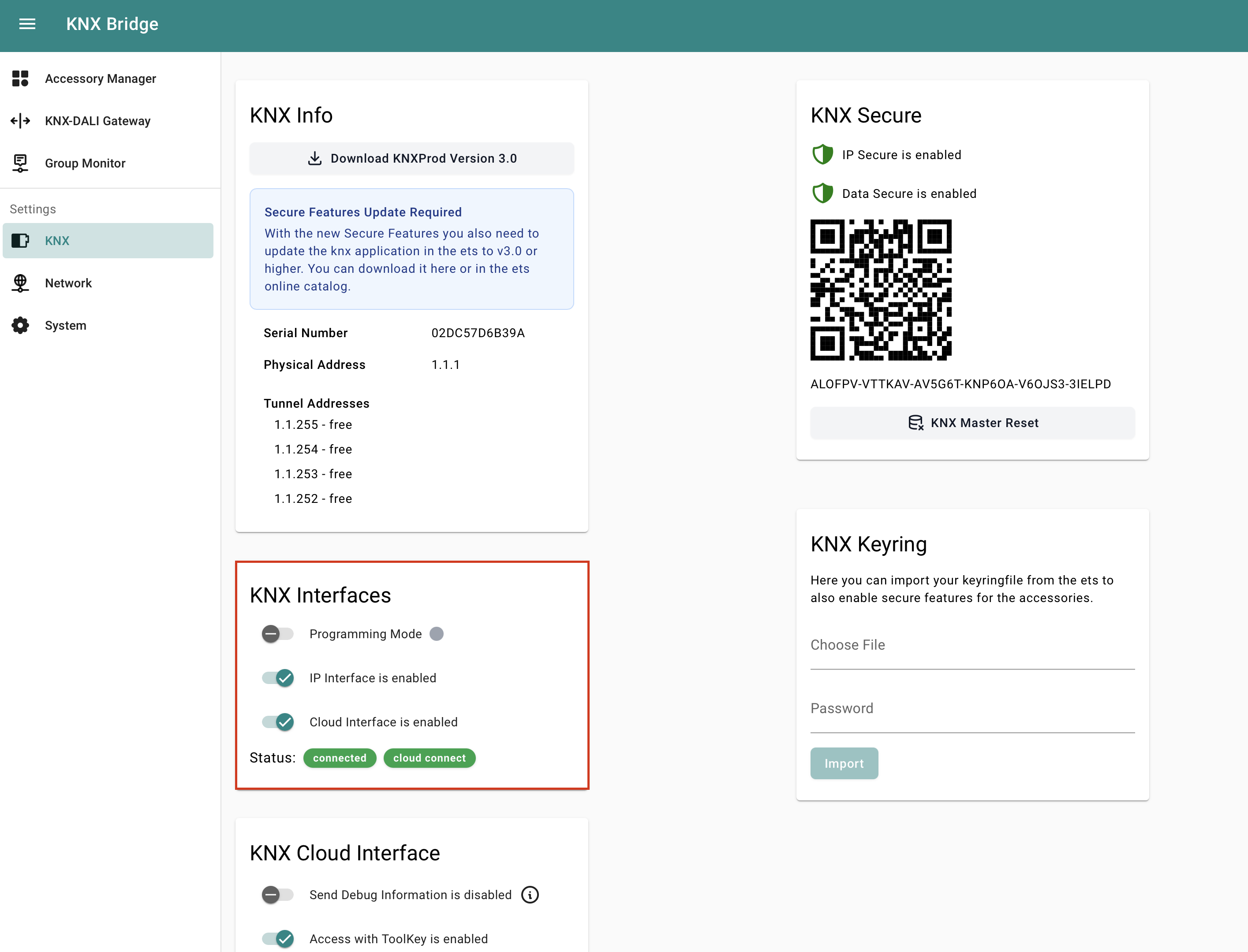 KNX Settings page with the KNX Interfaces card highlighted, IP Interface and Cloud Interface enabled, status connected
