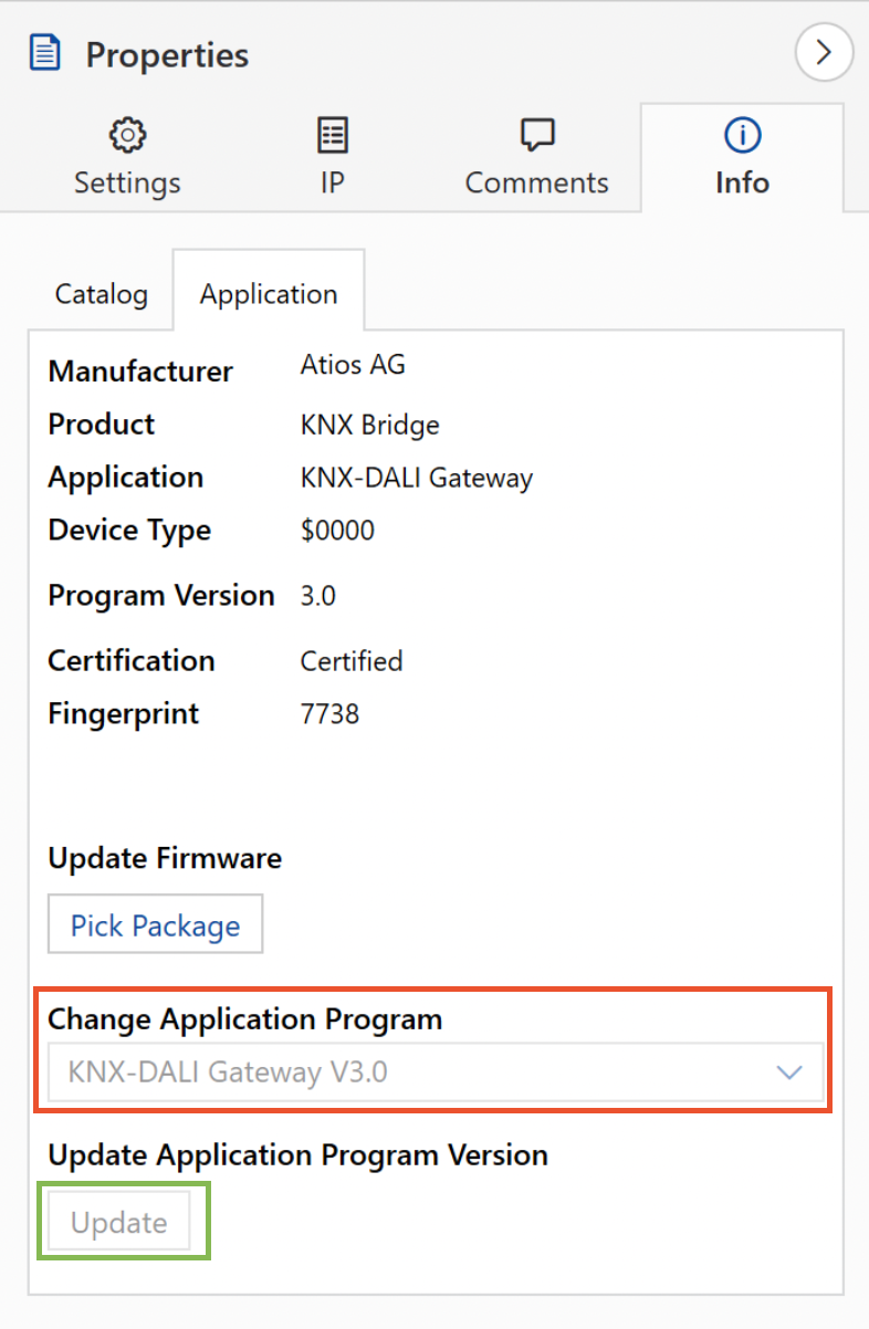 ETS Properties Info Application panel with the Update button highlighted in green and the ComboBox highlighted in red