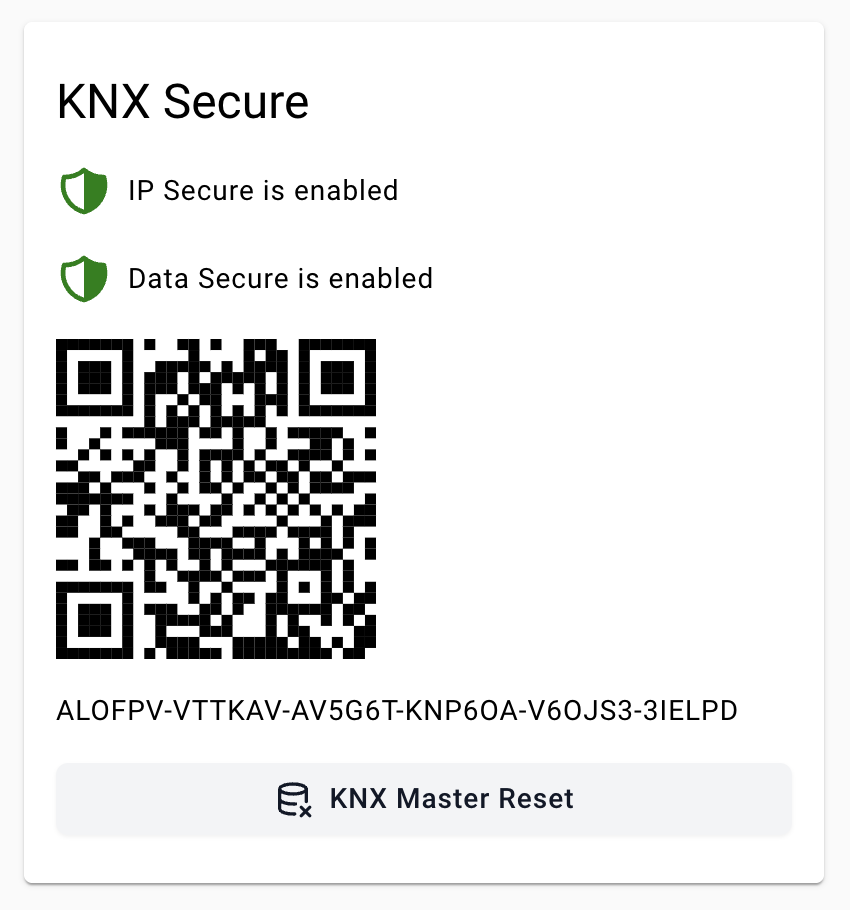 KNX Secure panel showing FDSK QR code