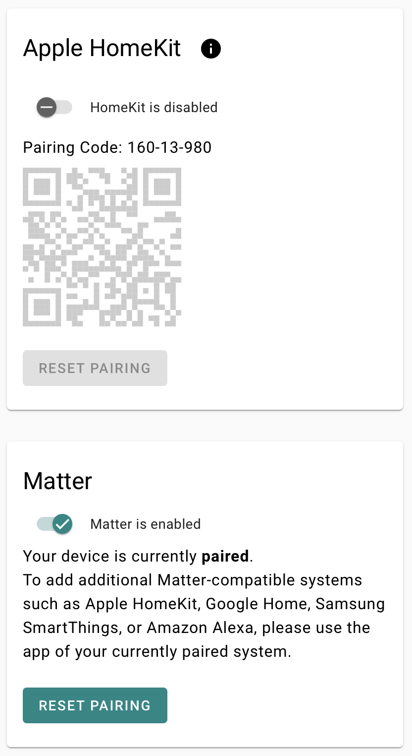 Systemeinstellungen mit HomeKit- und Matter-Panels