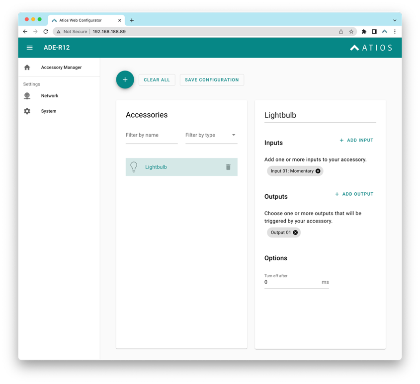 Schermata di installazione Accessory Manager con configurazione lightbulb, switch, outlet e valve