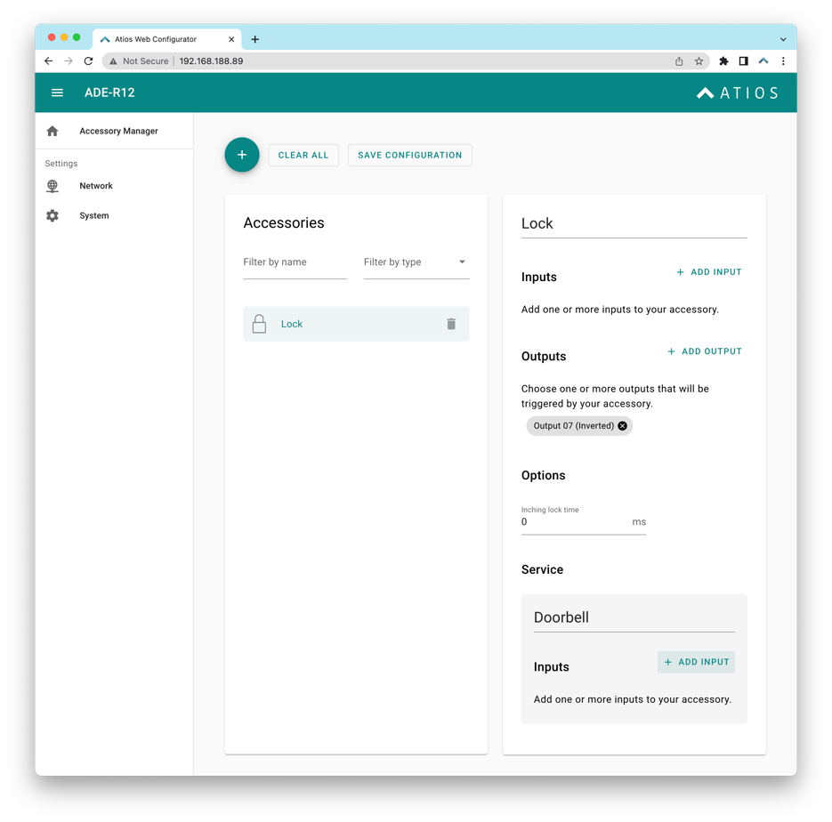 Schermata di configurazione dell'accessorio lock con relè e uscita