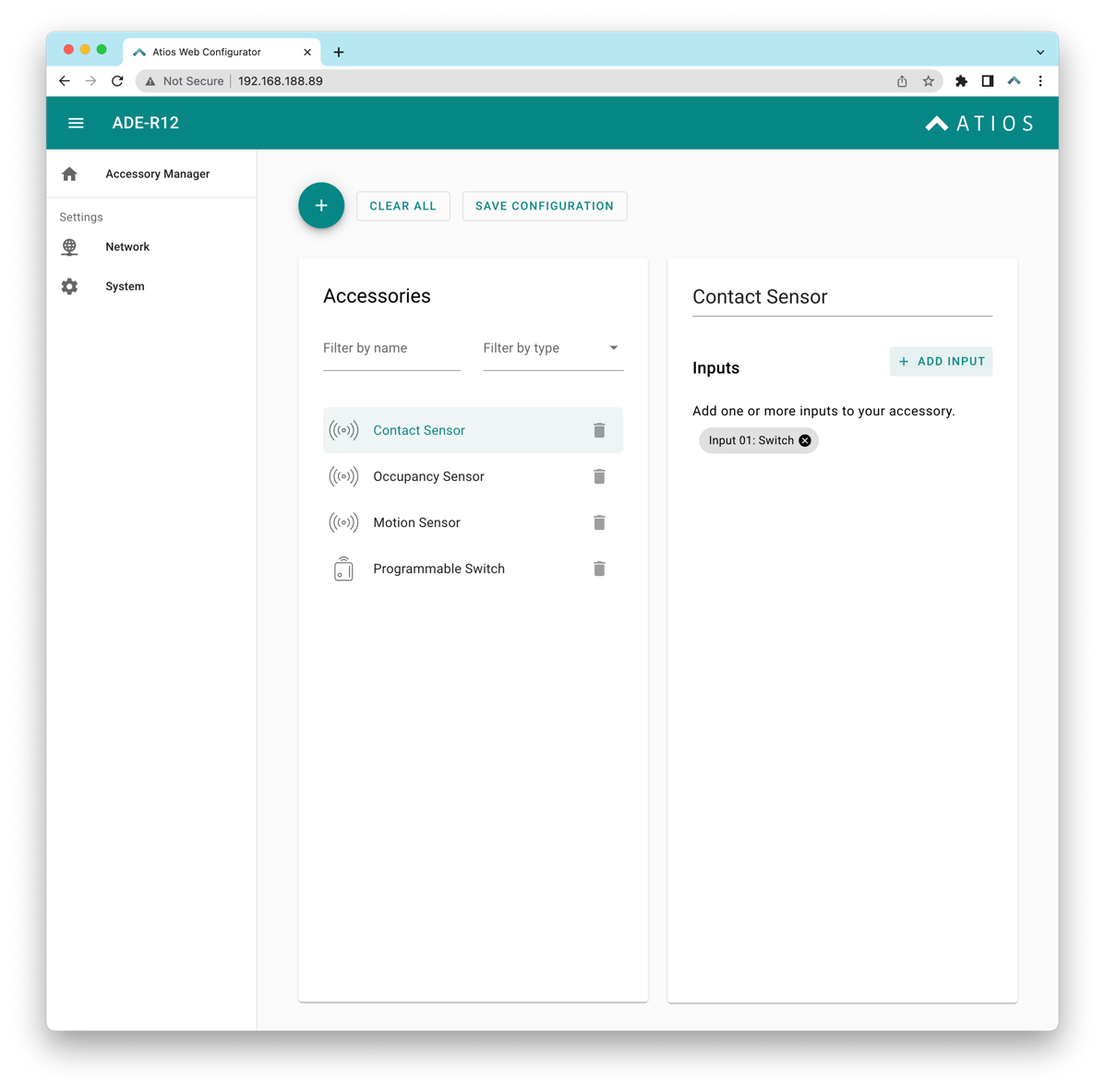 Schermata di configurazione dell'accessorio programmable switch con configurazione dell'ingresso