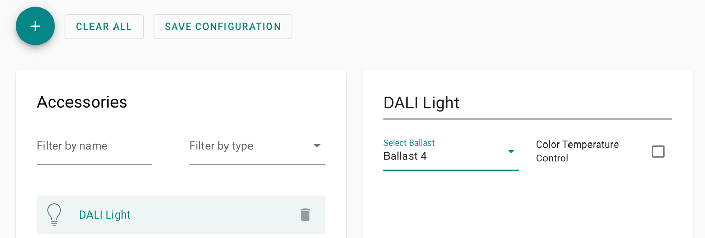 Schermata di configurazione dell'accessorio DALI Light con indirizzo DALI e alimentazione
